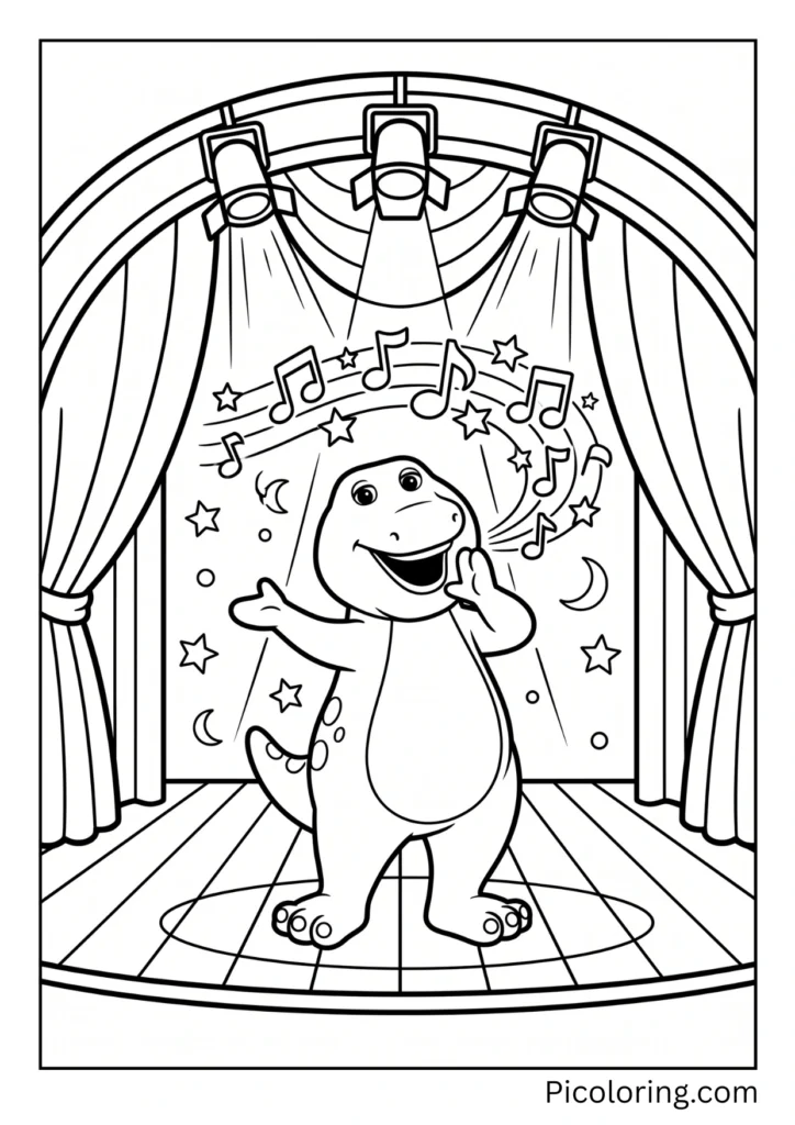 Barney stands on a big stage and belts out his favorite song Barney stands on a big stage and belts out his favorite song