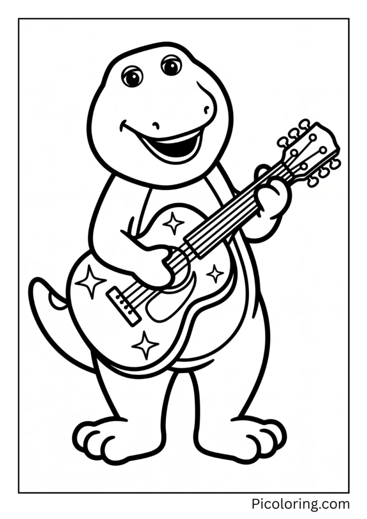 Barney strums a big shiny guitar with his dinosaur claws Barney strums a big shiny guitar with his dinosaur claws