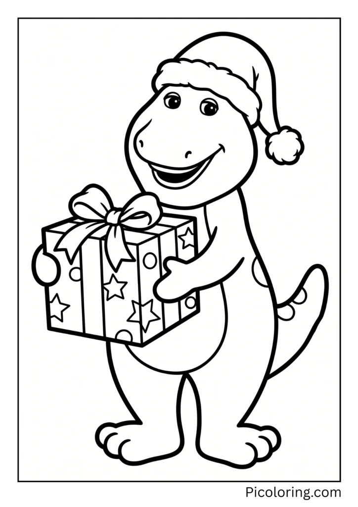 Barney wears a red Santa hat and holds a big wrapped gift Barney wears a red Santa hat and holds a big wrapped gift