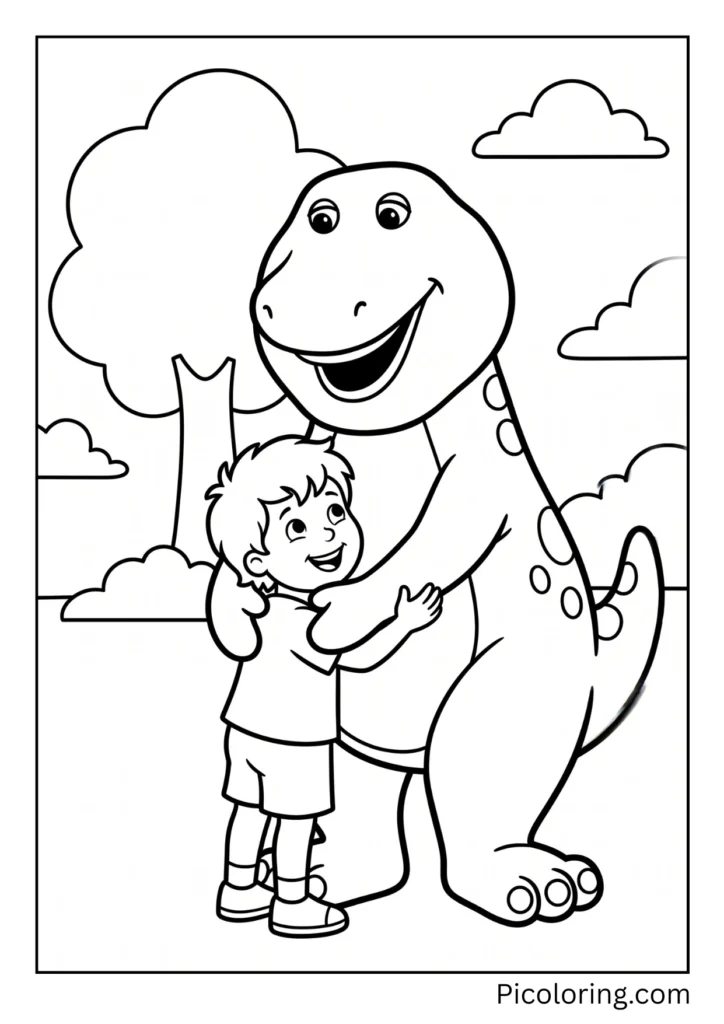 Barney wraps his big purple arms around a smiling friend Barney wraps his big purple arms around a smiling friend