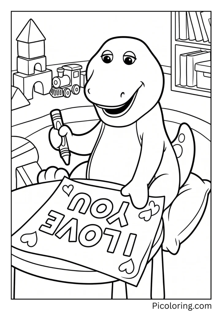 Barney writes the words I LOVE YOU in big letters on paper Barney writes the words I LOVE YOU in big letters on paper