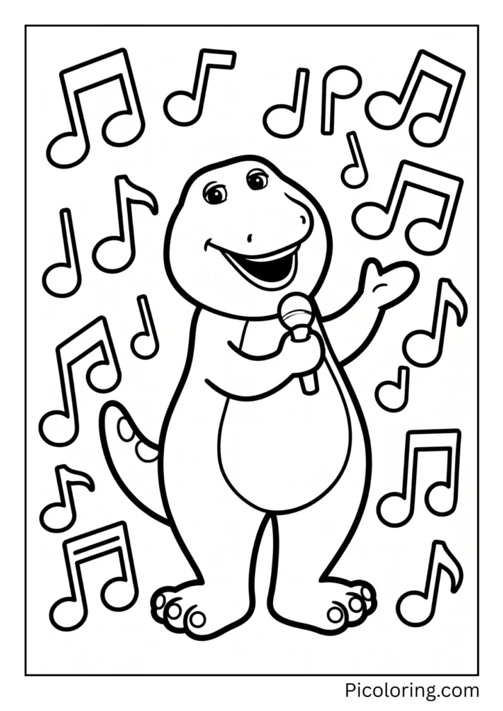Big colorful musical notes float all around a singing Barney Big colorful musical notes float all around a singing Barney