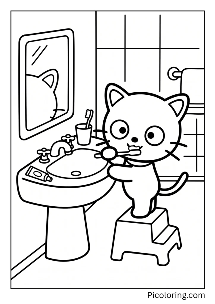 Chococat brushes his teeth at the sink