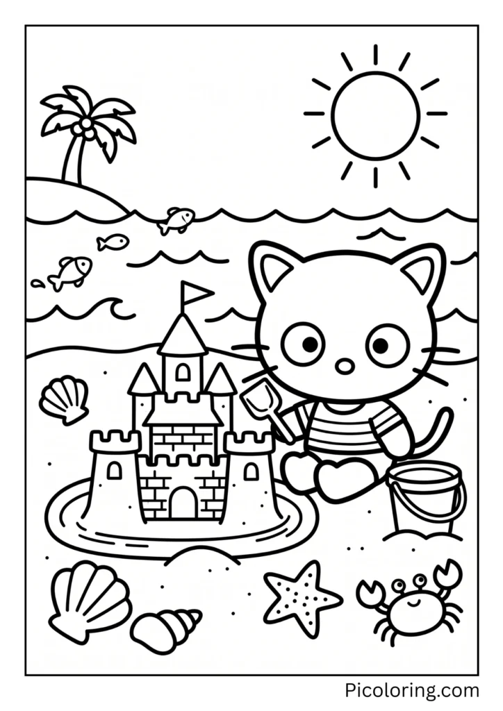 Chococat builds a sandcastle at the beach