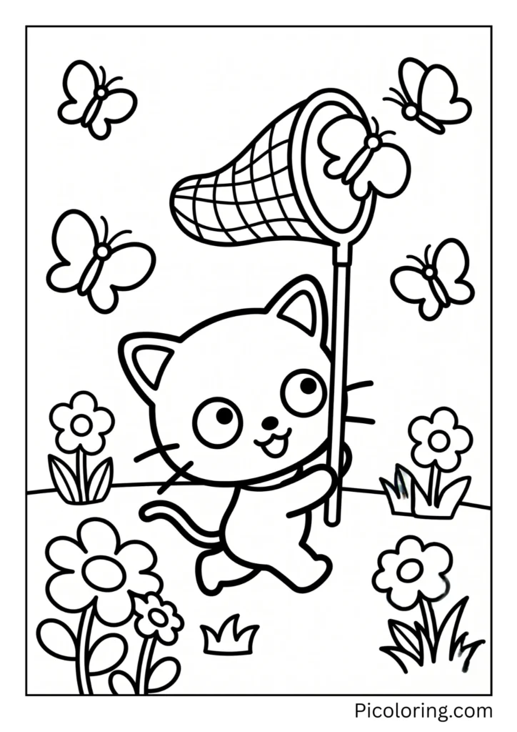 Chococat chases butterflies with a net