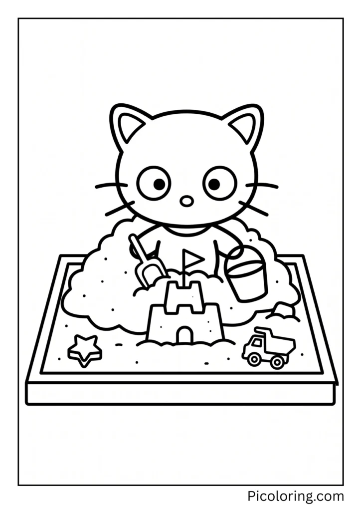Chococat digs and builds in a sandbox