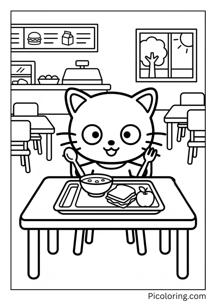 Chococat eats lunch in the cafeteria