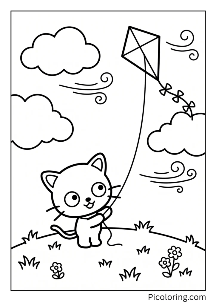 Chococat holds a kite string on a windy hill