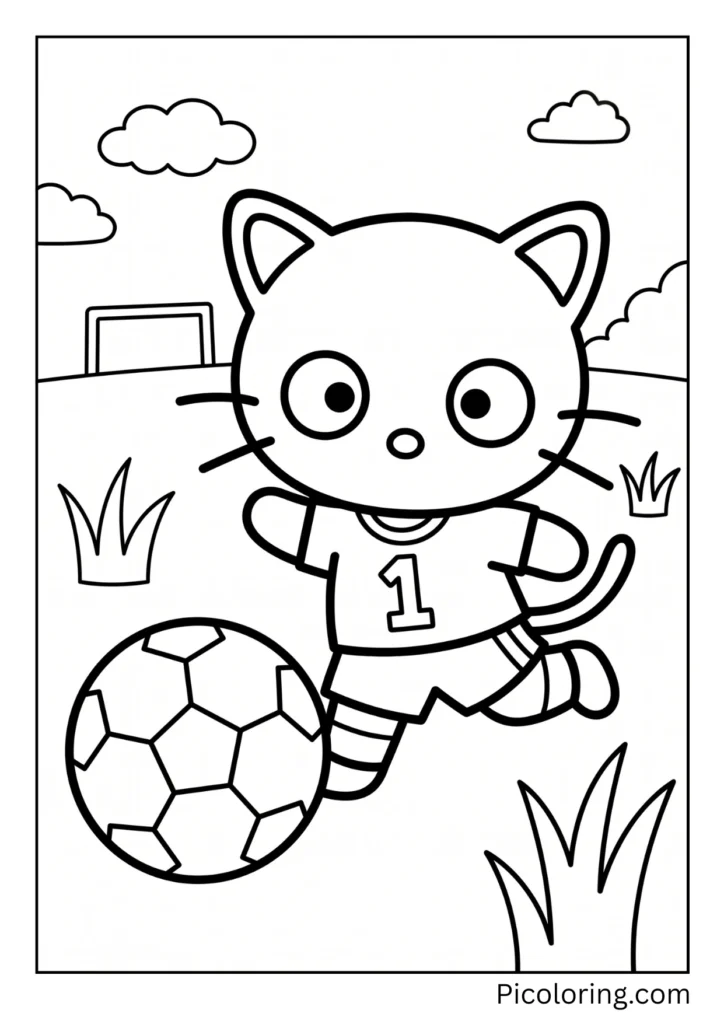 Chococat kicks a soccer ball on the field