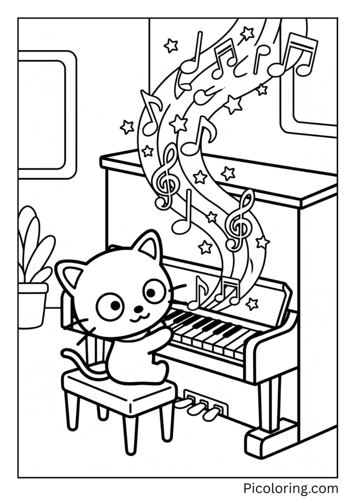 Chococat plays notes on a piano