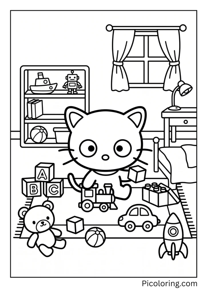 Chococat plays with toys in his room