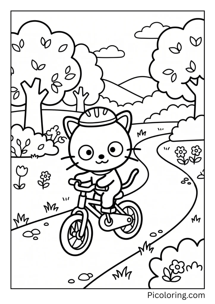 Chococat rides his bike down a park path