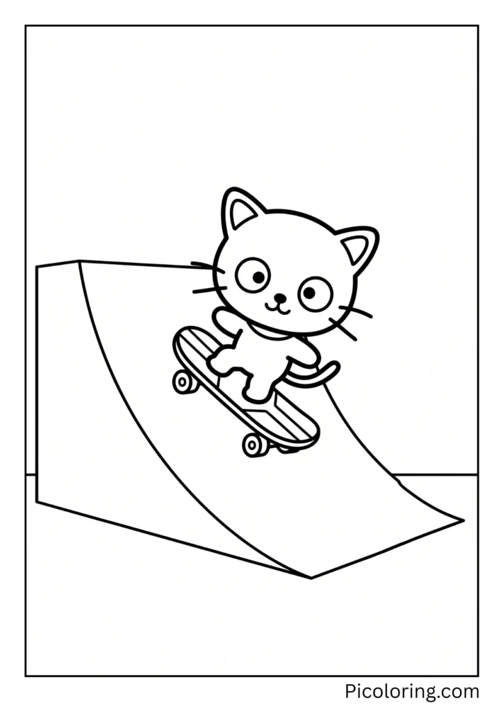 Chococat rides his skateboard down a ramp