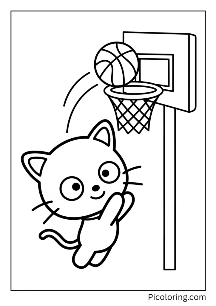 Chococat shoots a basketball into the hoop