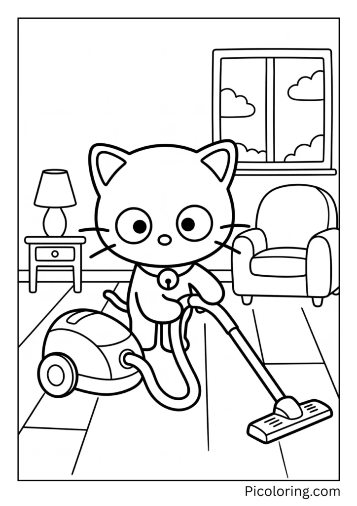 Chococat vacuums the living room floor