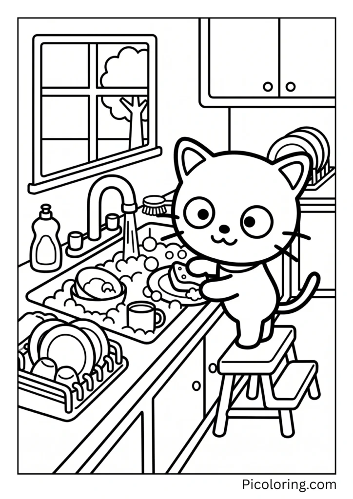 Chococat washes dishes in soapy water