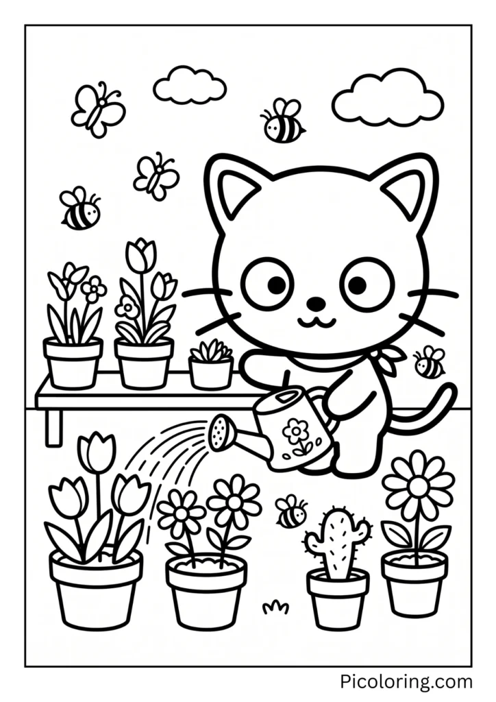 Chococat waters plants with a small can