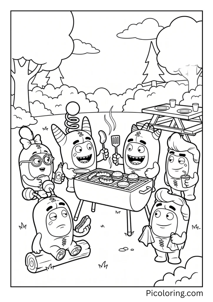 Oddbods at a Summer Barbecue grills food outside Oddbods at a Summer Barbecue grills food outside
