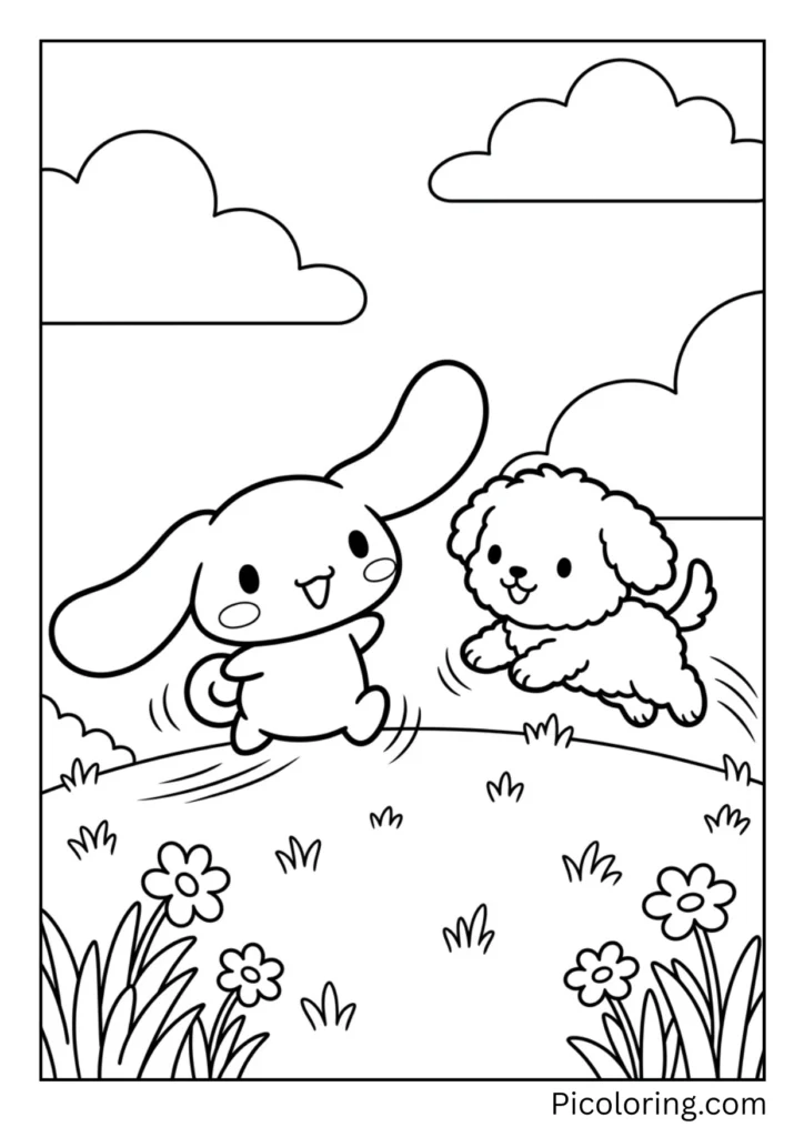 A fluffy puppy runs to Cinnamoroll. They play and run around. They are best friends