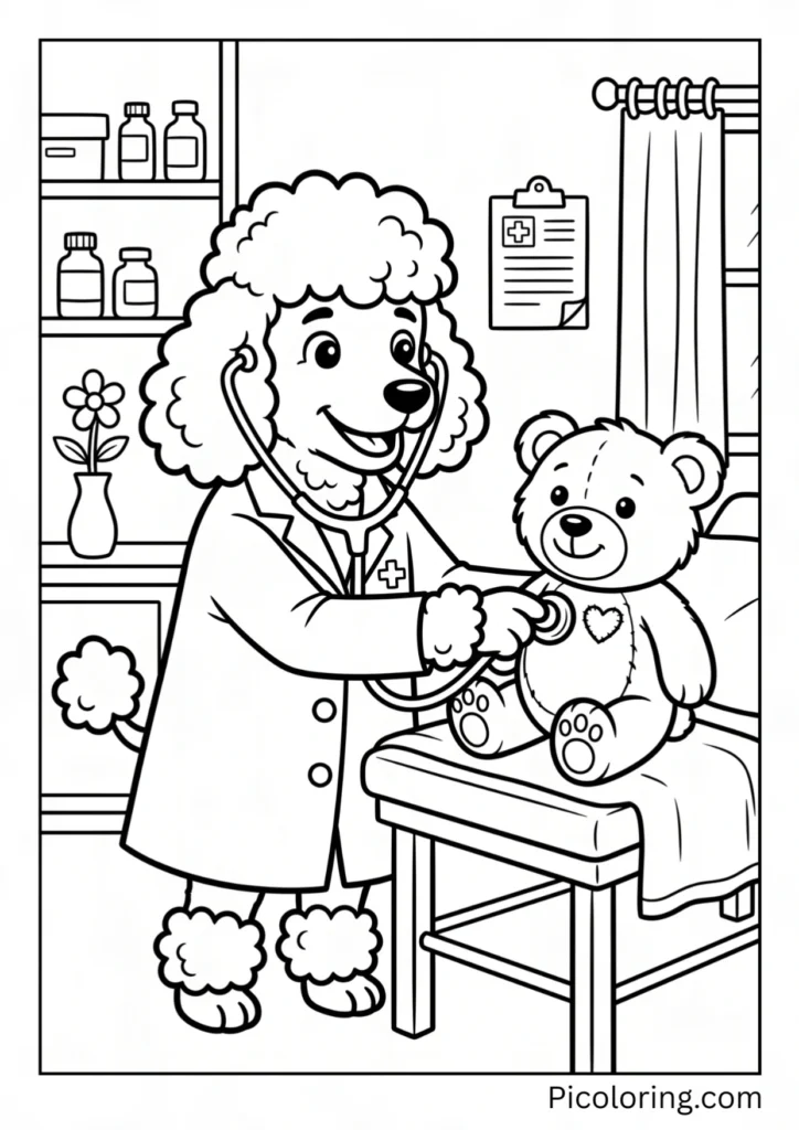 A friendly doctor poodle wearing a white coat checking a teddy bears tiny heartbeat