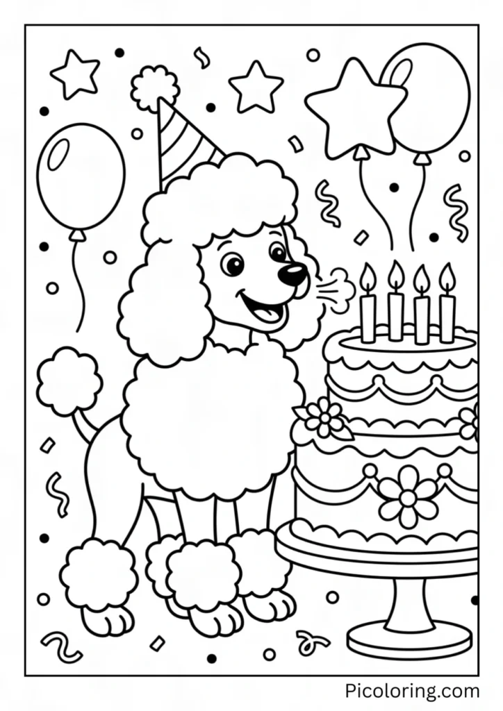 A happy birthday poodle wearing a party hat blowing out candles on a cake