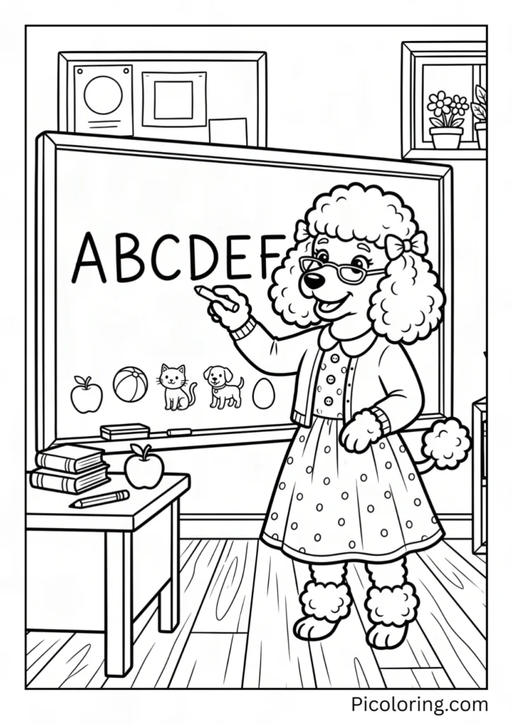 A kind teacher poodle writing letters on a chalkboard in front of happy students