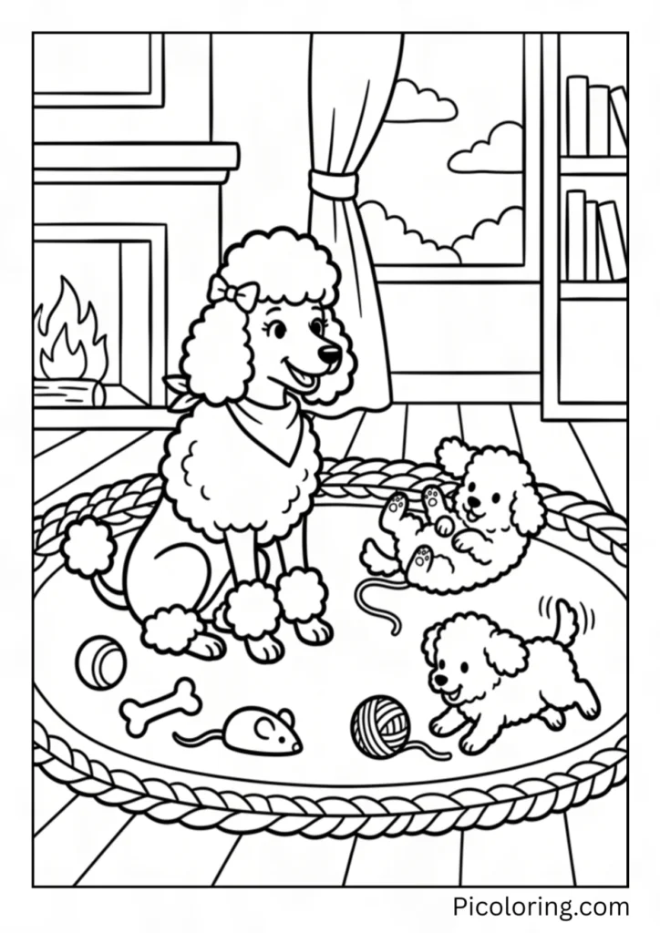 A mama poodle and three tiny fluffy puppies playing together in the yard