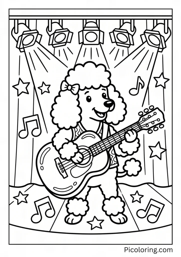 A musical little poodle playing a shiny guitar on a stage under bright lights