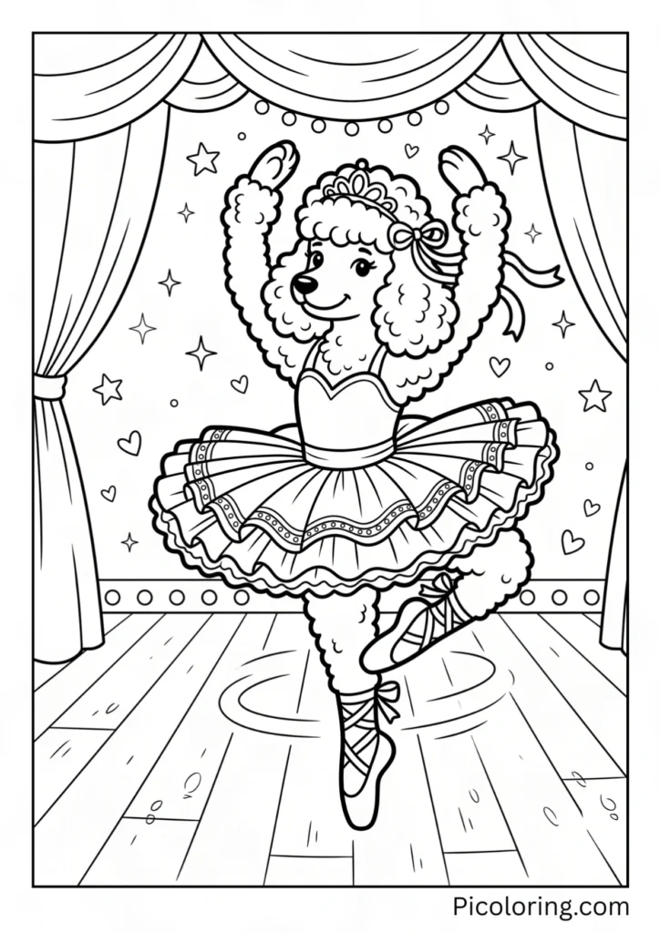 A poodle dressed as a ballerina in a pink tutu doing a pirouette