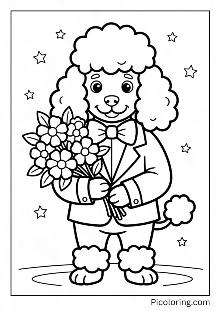 A poodle dressed in a tuxedo holding a bouquet of flowers