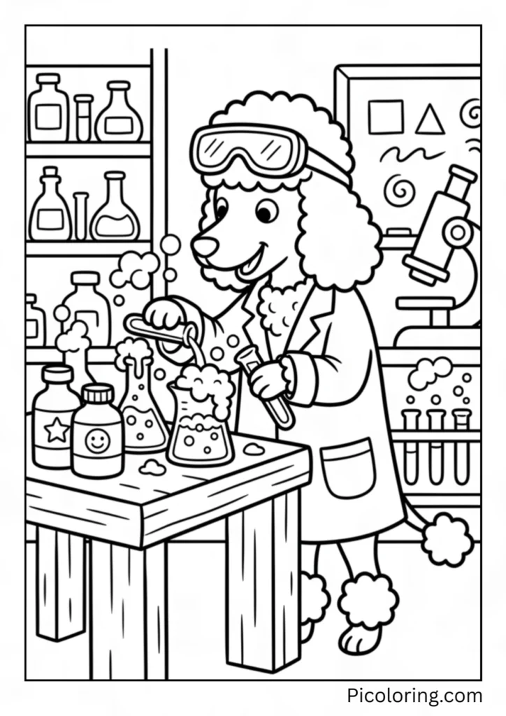 A poodle in a science lab doing a fun bubbly experiment