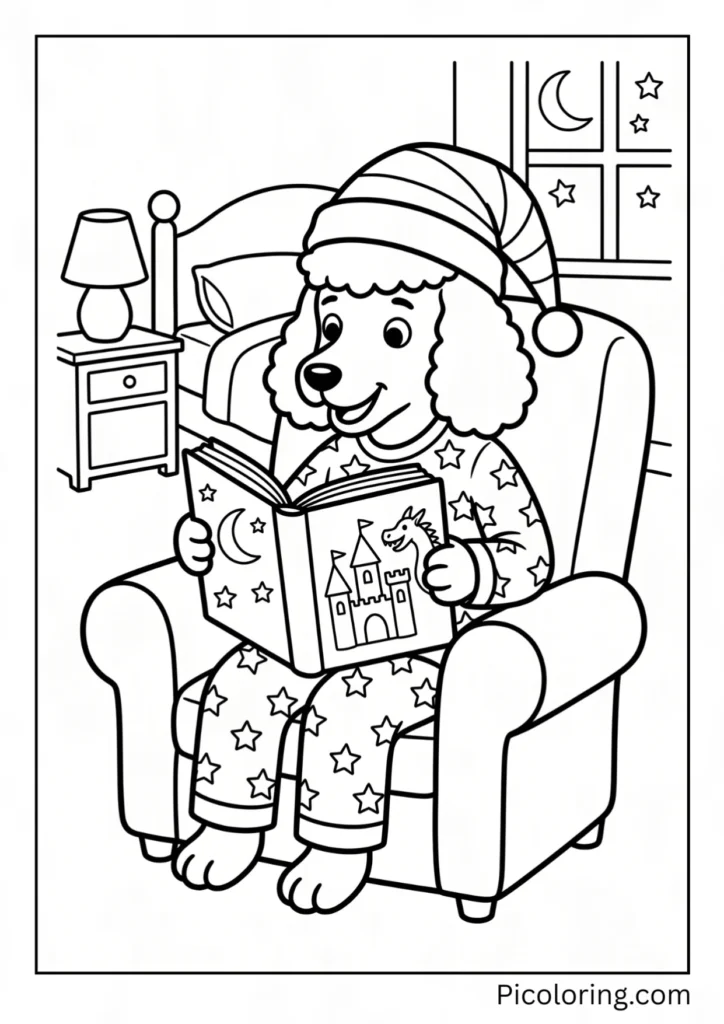 A poodle wearing pajamas and a nightcap reading a bedtime story