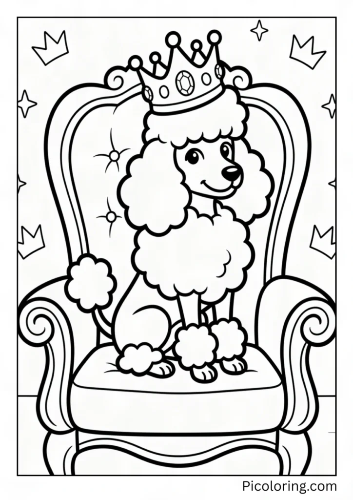 A royal little poodle wearing a shiny crown sitting proudly on a fancy throne