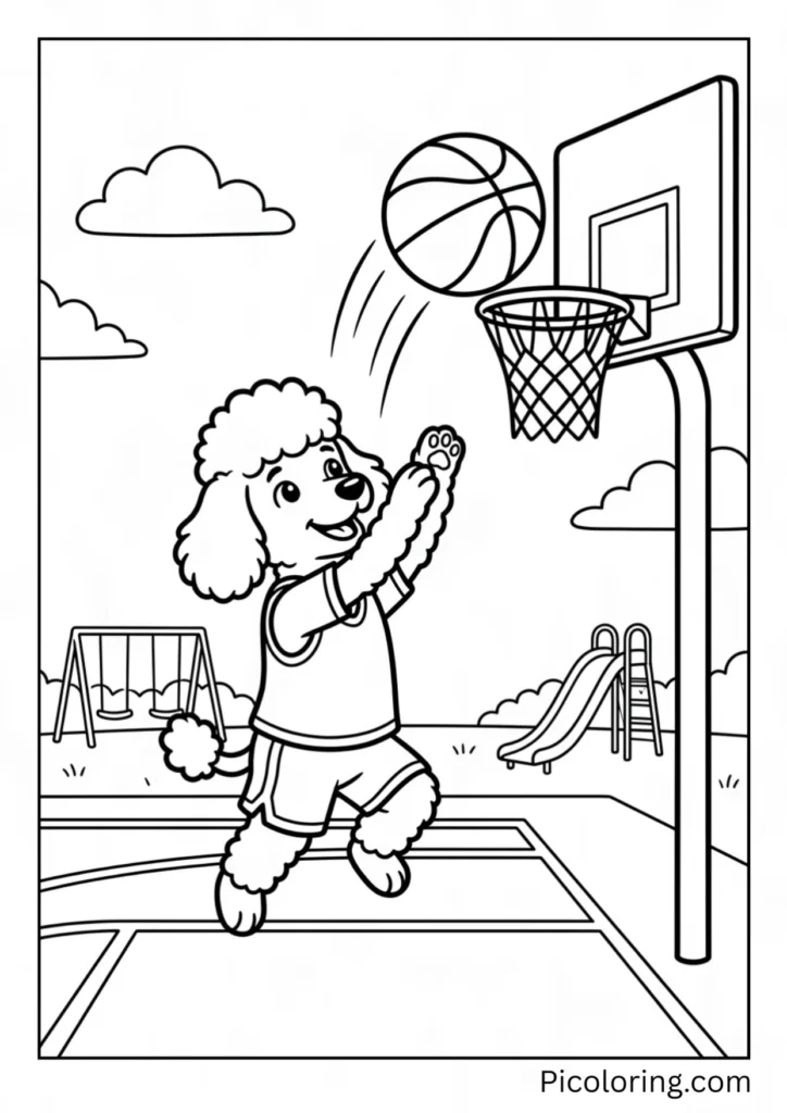 A sporty poodle shooting a basketball into a hoop at the neighborhood playground