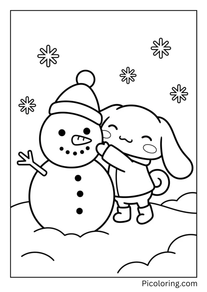 Cinnamoroll builds a round snowman. He puts a hat on top. He feels so proud