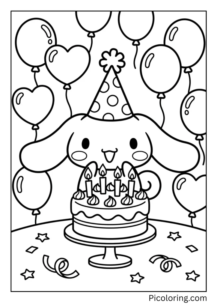 Cinnamoroll has a party hat on. There are balloons all around. He blows out candles