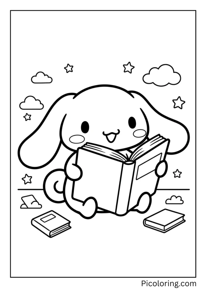 Cinnamoroll holds a big book. He reads all the words. He loves to learn new things