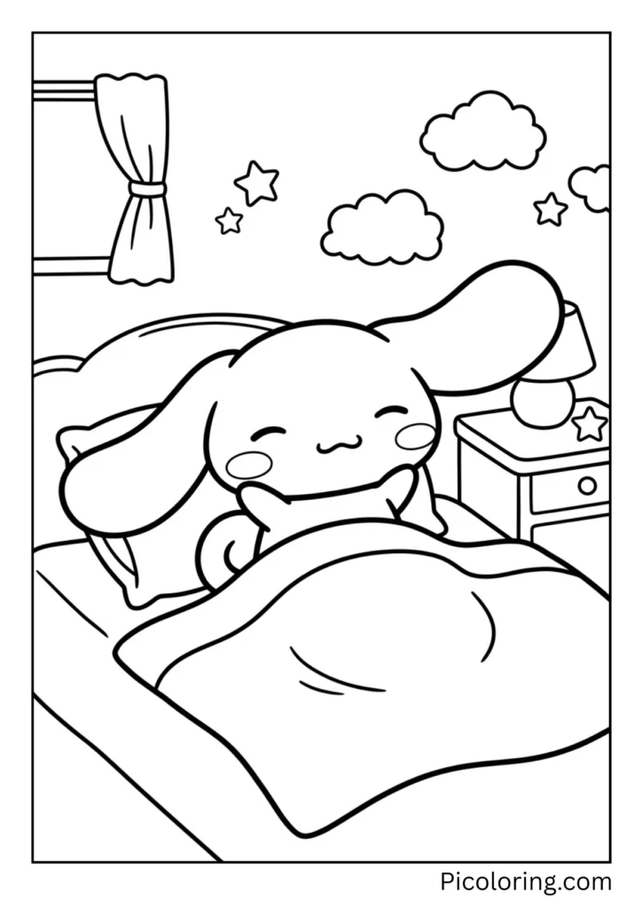 Cinnamoroll is in his bed. He just woke up. He looks happy and cozy