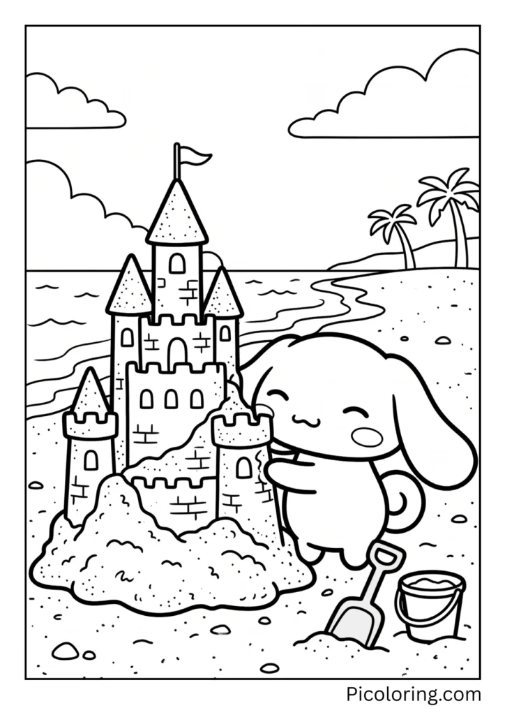 Cinnamoroll pats sand into a big castle. It has towers on top. He did a great job