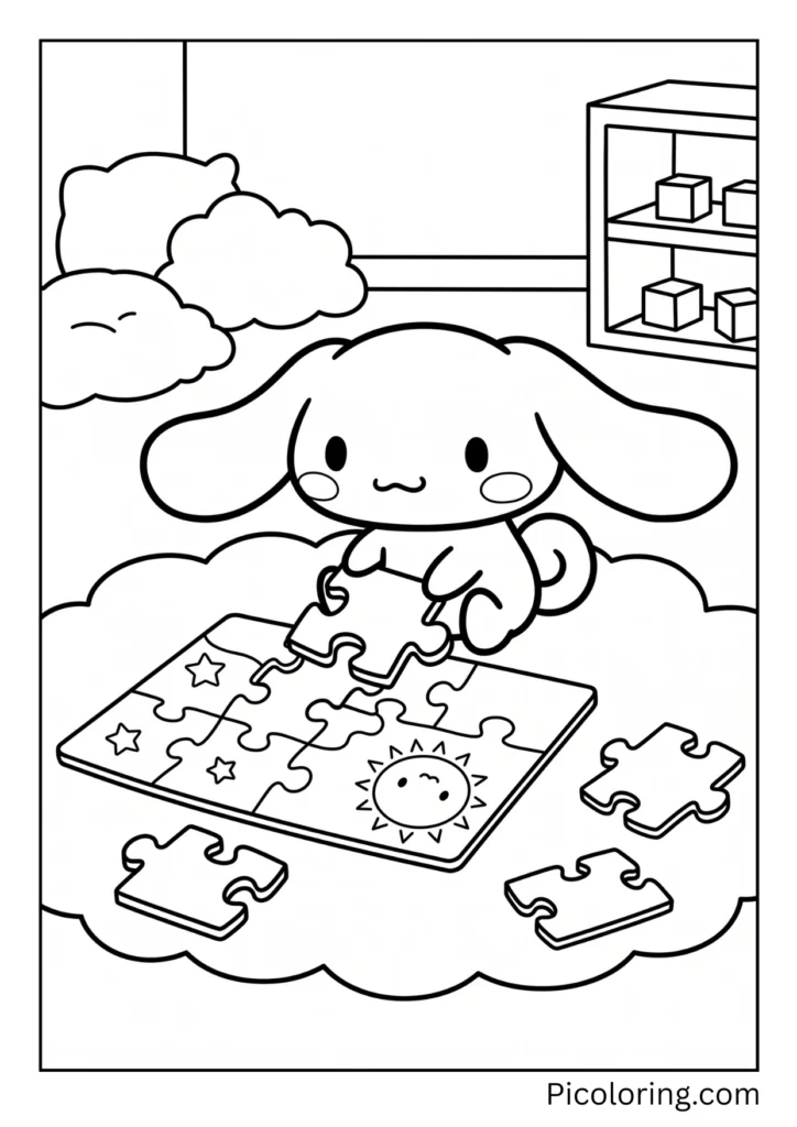 Cinnamoroll puts puzzle pieces together. He finds the right spots. He loves puzzles