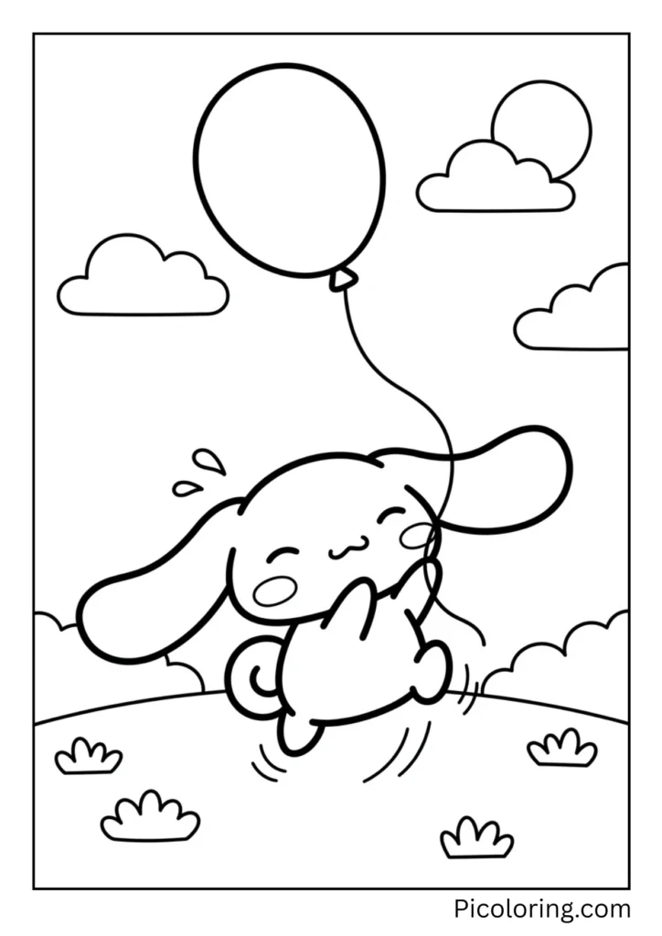 Cinnamoroll runs after a big balloon. The balloon floats up. He jumps to get it