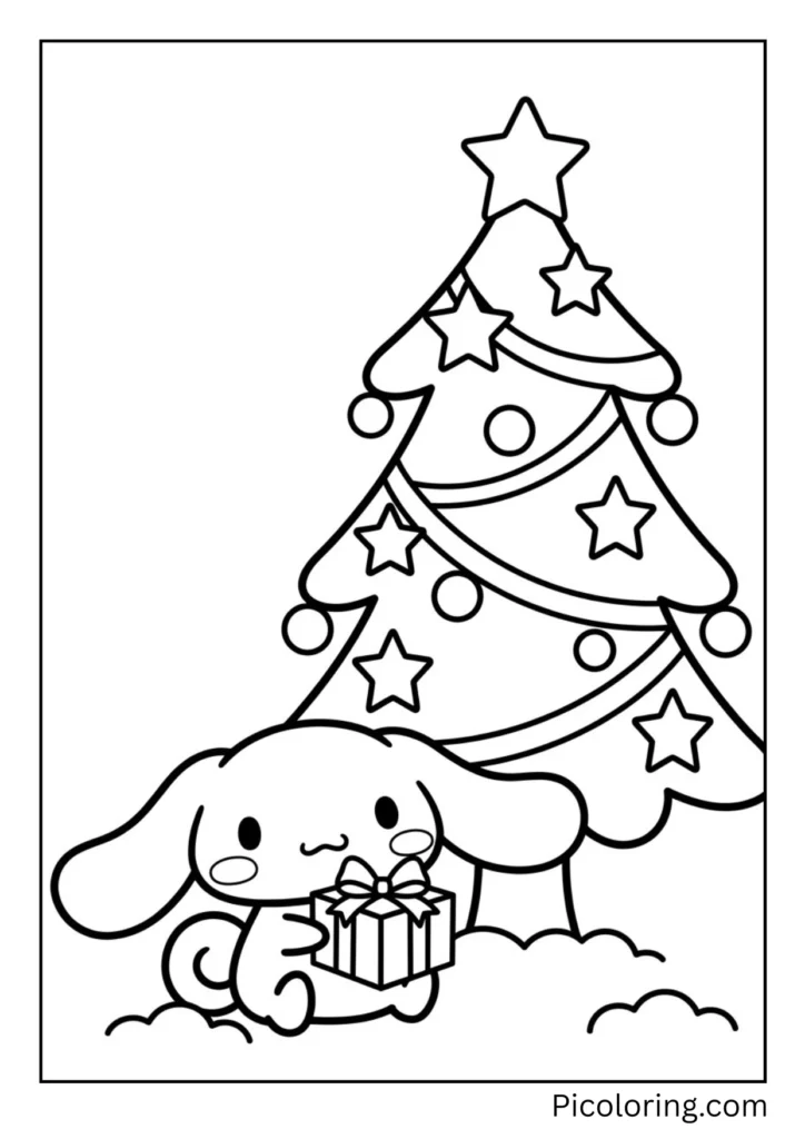 Cinnamoroll sits near a big Christmas tree. The tree has lights and stars. He holds a gift box