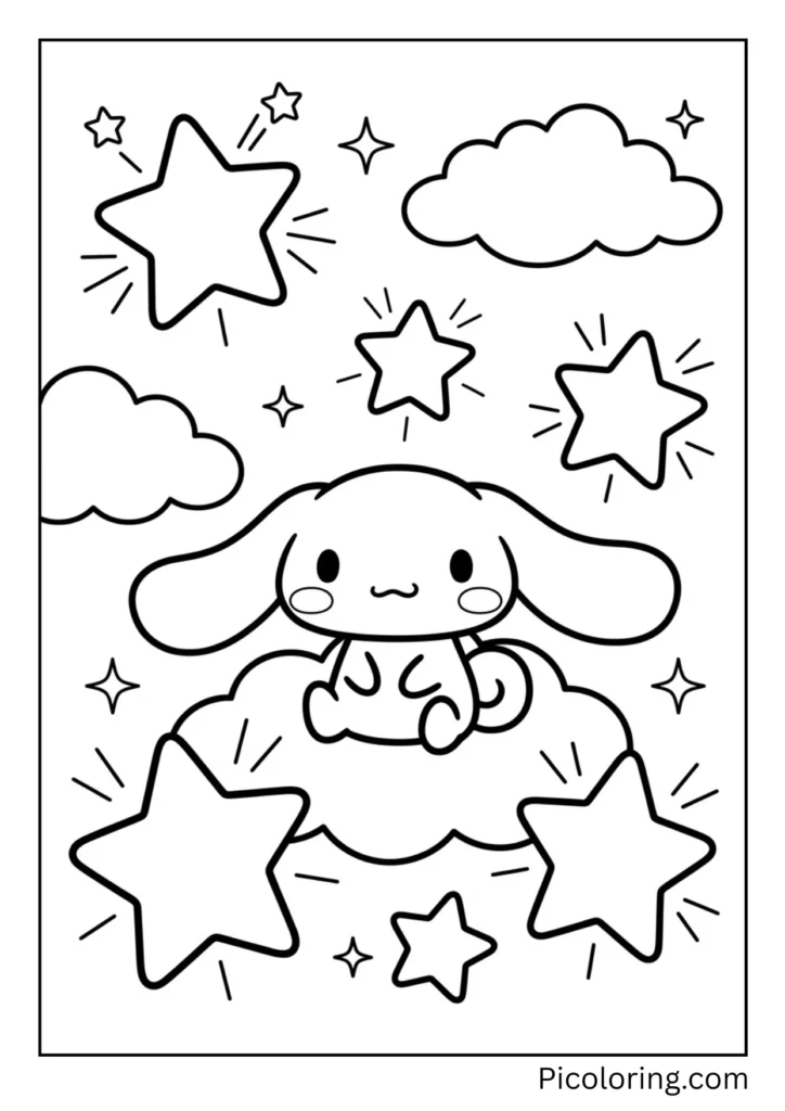 Cinnamoroll sits near big stars. The stars shine bright. It is a fun night