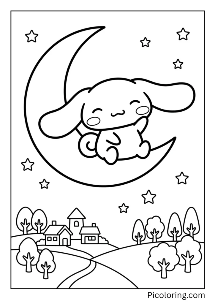 Cinnamoroll sits on the moon. He looks down at the world. He waves hello