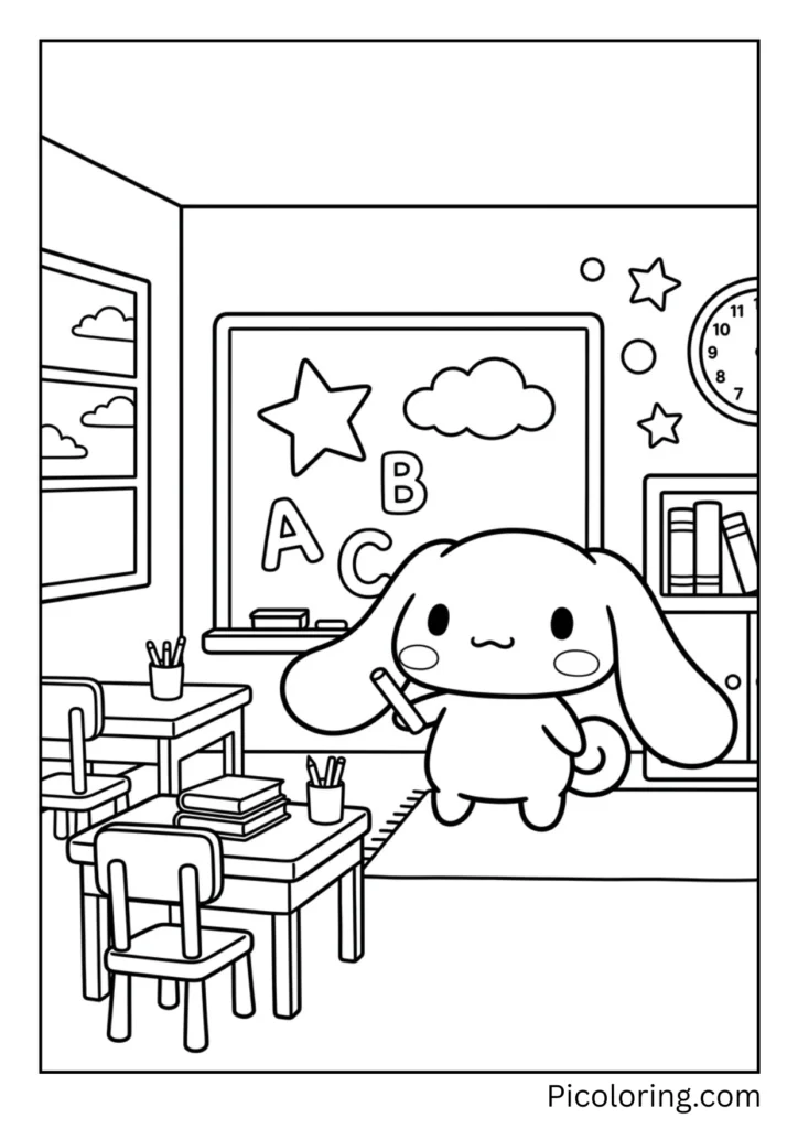 Cinnamoroll standing at a chalkboard in a classroom