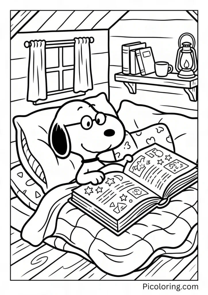 Snoopy curls up with a big open book, glasses perched, lost in a story