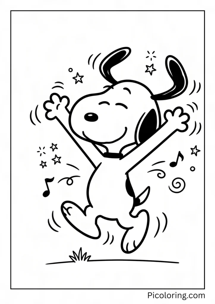 Snoopy does his famous joyful dance with arms up and eyes closed, radiating happiness