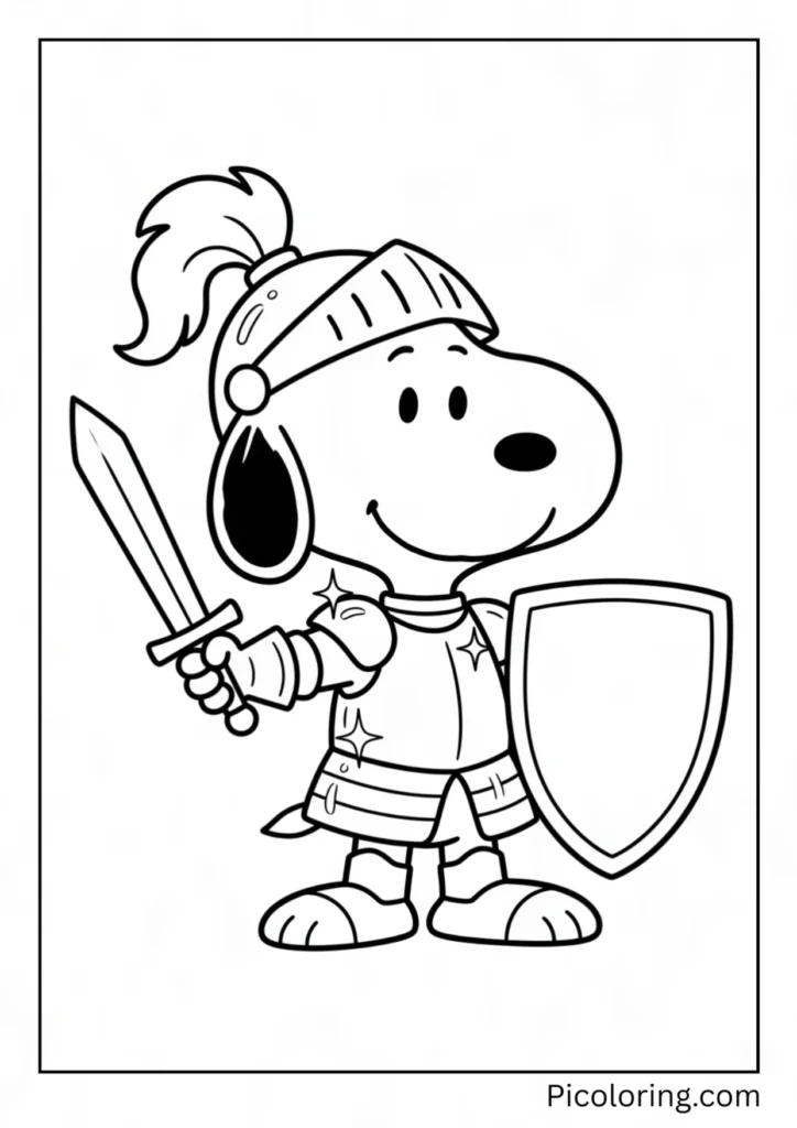 Snoopy dons shining armor holding a sword and shield, standing bravely