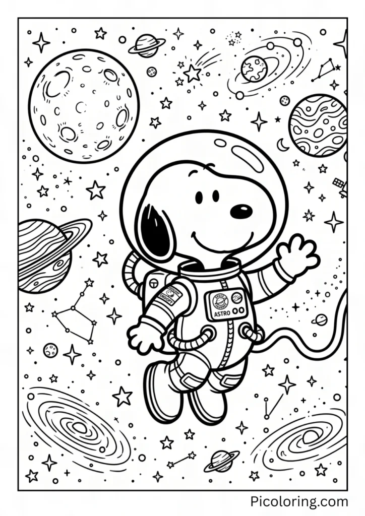 Snoopy floats in a spacesuit among twinkling stars and planets, waving during his space journey