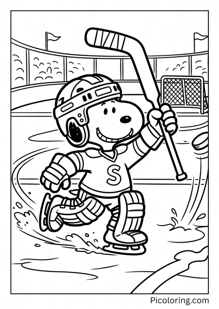 Snoopy glides across the ice in goalie gear, stick raised, blocking a puck with a grin